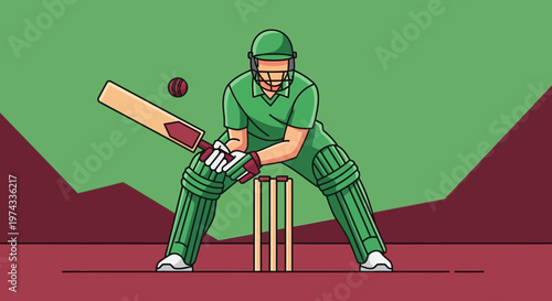 Cricket Batsman Ready To Strike With Ball Approaching Wicket
