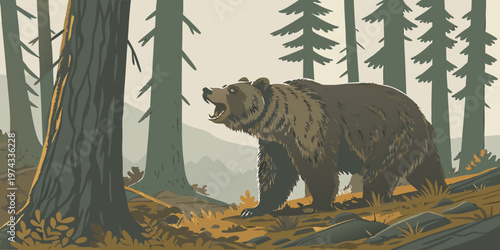 Φωτογραφία A realistic, high-resolution image of a large grizzly bear standing in a dense pine forest