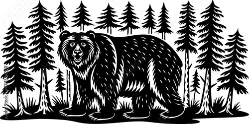 A realistic, high-resolution image of a large grizzly bear standing in a dense pine forest. The bear is alert and slightly roaring, with detailed fur texture, strong muscular build, and expressive eye