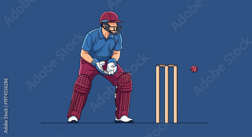 Cricket Wicketkeeper Ready To Catch Ball Action Dynamic Illustration