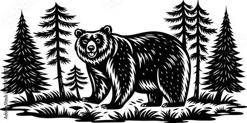 A realistic, high-resolution image of a large grizzly bear standing in a dense pine forest. The bear is alert and slightly roaring, with detailed fur texture, strong muscular build, and expressive eye