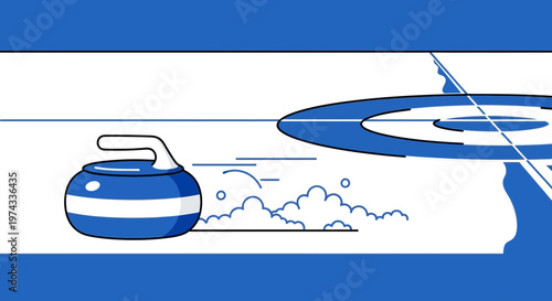 Curling Stone Sliding Across Ice Towards Target Rings