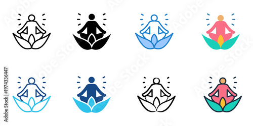 Meditation icons set multiple style collection. Editable stroke 
