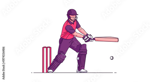 Cricket Player Batting Action With Ball And Wickets Illustration