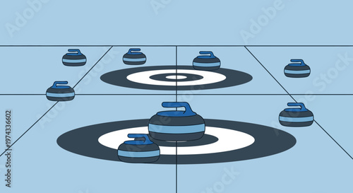 Curling Stones On Ice Rink With Circles For Game Strategy
