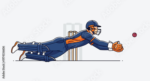 Cricket Player Diving For A Catch In Action Flat Design Illustration
