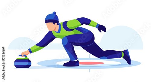 Curling Athlete In Action Delivering Stone On Ice