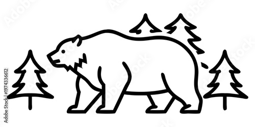 A realistic, high-resolution image of a large grizzly bear standing in a dense pine forest. The bear is alert and slightly roaring, with detailed fur texture, strong muscular build, and expressive eye