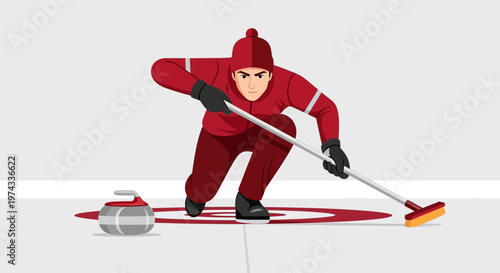 Curling Athlete In Action Sweeping Ice For Victory