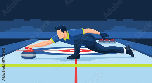 Curling Athlete Glides Stone Across Ice During Competitive Match