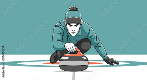 Curling Athlete Prepares A Powerful Ice Shot Concentrating On Victory