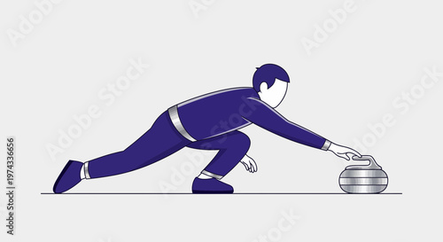 Curling Athlete Pushes Stone In Motion Minimalist Sport Illustration