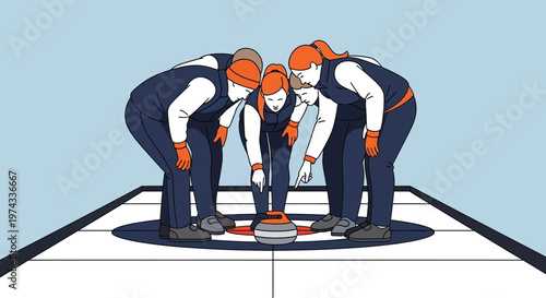 Curling Team Strategy Huddle On Ice With Stone Strategic Discussion