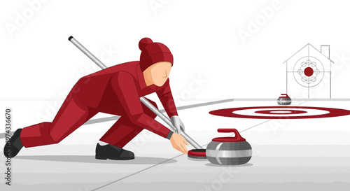Curling Athlete Pushing Stone on Ice in Competition