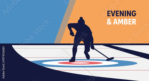 Curling Athlete Silhouetted Delivering A Stone On The Ice During Competition