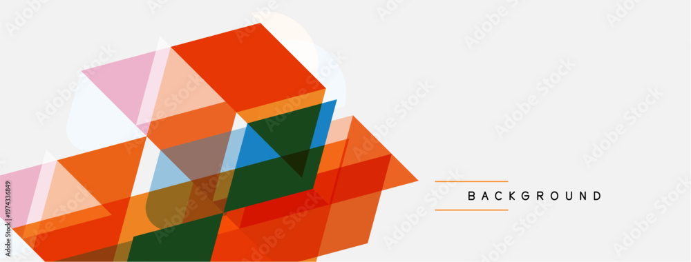 Fototapeta premium Abstract geometric shapes overlap. Orange, green, pink hues dominate composition. Minimalist design with white space present.