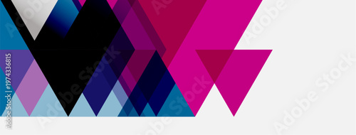 Abstract geometric shapes overlap, creating vibrant color blocks. Pink, blue, purple dominate design. Minimalist style, modern aesthetic.