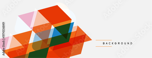 Abstract geometric shapes overlap. Orange, green, pink hues dominate composition. Minimalist design with white space present.