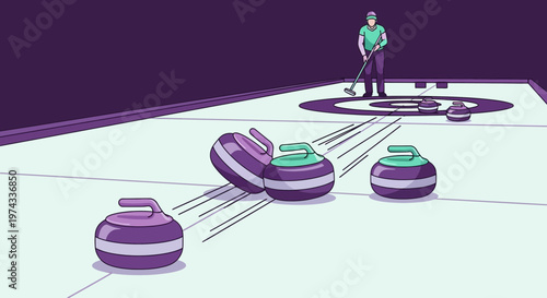 Curling Sport Scene With Player And Sliding Stones On Ice Rink