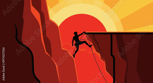 Daring Climber Ascends Rocky Cliff During Vivid Sunset