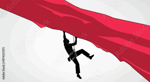 Determined Climber Ascending Red Abstract Rock Face Silhouette