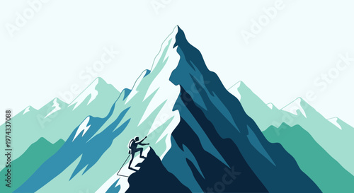 Determined Climber Ascends Majestic Mountain Peak Reaching Summit Triumphantly