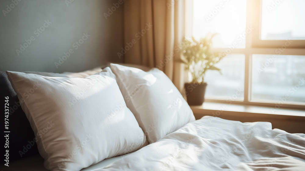 Obraz premium Neatly made bed with soft white pillows in bright hotel bedroom, warm sunlight streaming through window