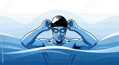 Determined Swimmer Prepares For Race In Cool Blue Waters