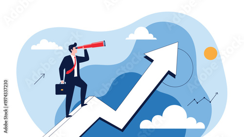 Businessman standing on a large rising white arrow while looking through a red telescope into the distance for new opportunities.