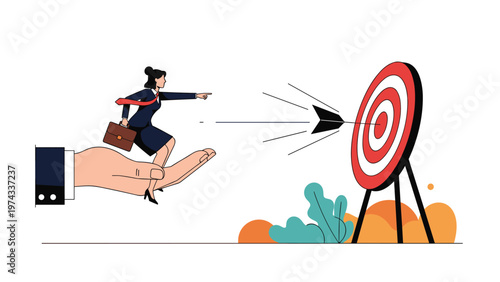 Businesswoman standing on a large giant hand while pointing her finger towards a target board that has just been hit by an arrow.