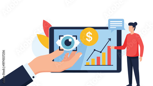Hand holding a digital tablet with biometric eye scan and growth chart while a man in a red shirt points at the rising bar data.