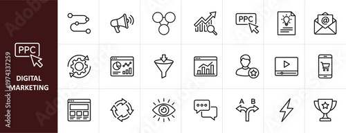 Digital Marketing and Online Advertising Line Icon Set - Minimalist SEO and Social Media Vector Illustrations