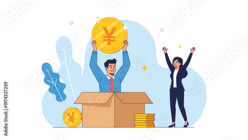 Smiling businessman appearing out of a brown cardboard box while holding a large golden yen coin next to a happy businesswoman.