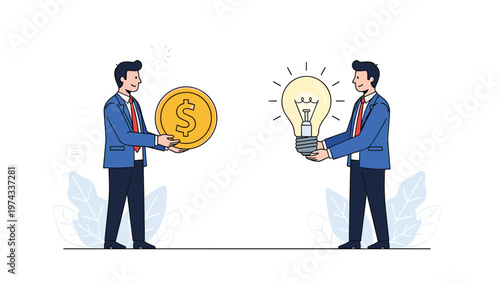Two business professionals in blue suits facing each other while exchanging a large golden dollar coin for a glowing lightbulb idea.