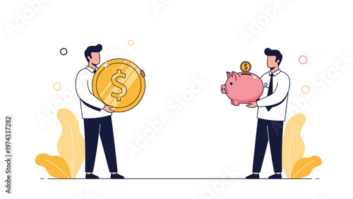 Two professional men holding giant gold dollar coin and piggy bank representing financial planning savings and investment strategies for future.
