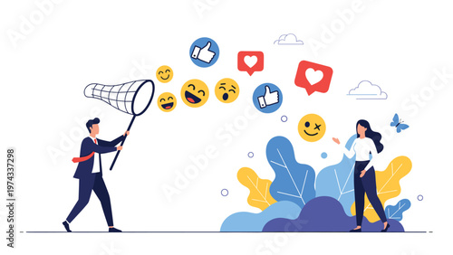 Businessman using butterfly net to catch social media like and emoji icons released by woman representing digital engagement and marketing.