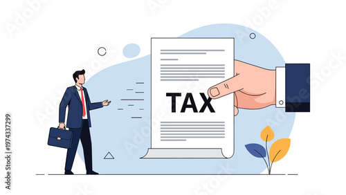 Businessman receiving large tax document from giant hand representing government regulations fiscal responsibility and corporate taxation duties.