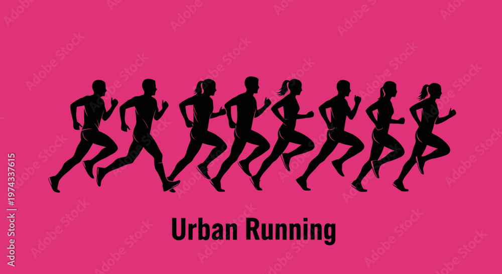 Obraz premium Diverse Group Of Runners Sprinting In Silhouette Against Vibrant Pink Background