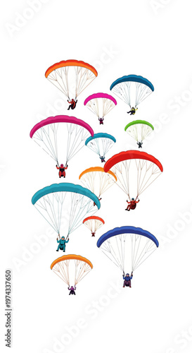 Diverse Parachutes Descend Gracefully Against White Background