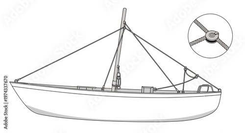Detailed Line Drawing Of A Sailing Vessel With Rigging And Pulley System