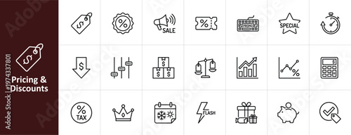Pricing and Discounts Line Icon Set - Minimalist Marketing and Retail Vector Illustrations