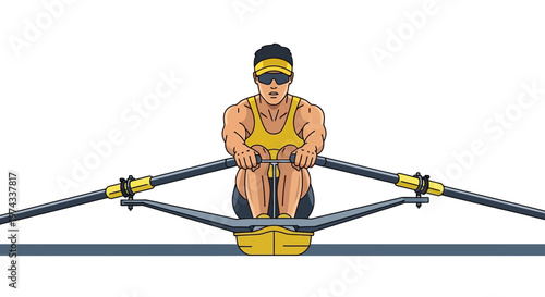 Determined Athlete Rowing In A Scull On The Water