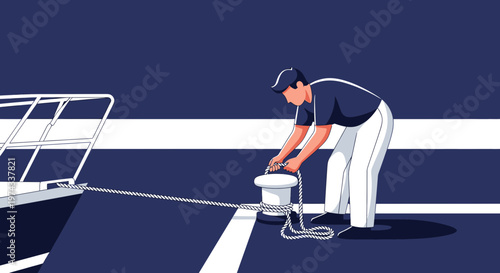 Docking A Yacht Securing The Vessel With A Heavy Rope