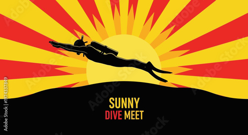 Diver Ascends Towards Sunburst Sky A Bold Graphic Dive Adventure