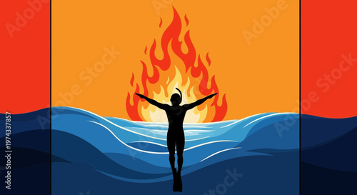 Diver Confronts Fiery Sunset Amidst Ocean Waves