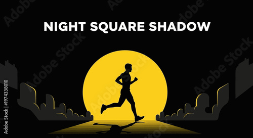 Dramatic Night Runner Silhouette Against Yellow Moon Over Cityscape