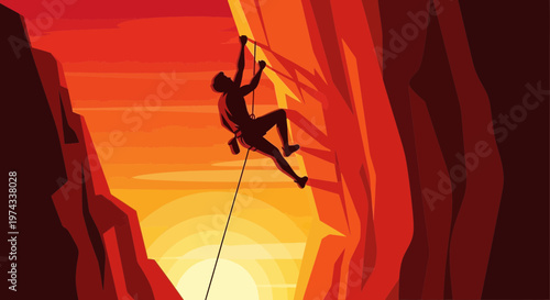 Dramatic Silhouette Of A Climber Ascending A Rocky Cliff Face At Sunset