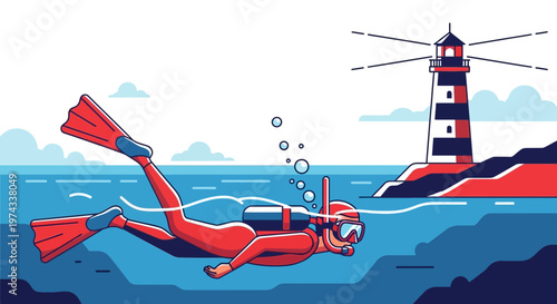 Diver Exploring Underwater Near Iconic Lighthouse