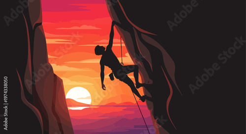 Dramatic Sunset Climber Ascending Rocky Summit Silhouette