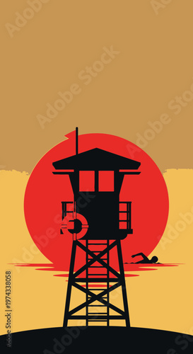 Dramatic Sunset Silhouette Lifeguard Tower Overlooking Calm Ocean Waters